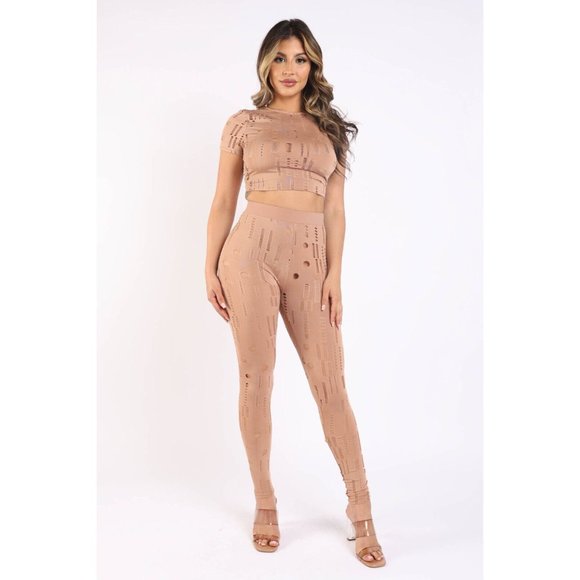 Women s Two-Piece Distressed Crew Neck Crop Tops And High Waist Leggings Set - Picture 6 of 10